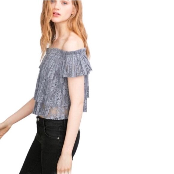 Zara pleated lace blue grey off shoulder blouse size S - Picture 8 of 8